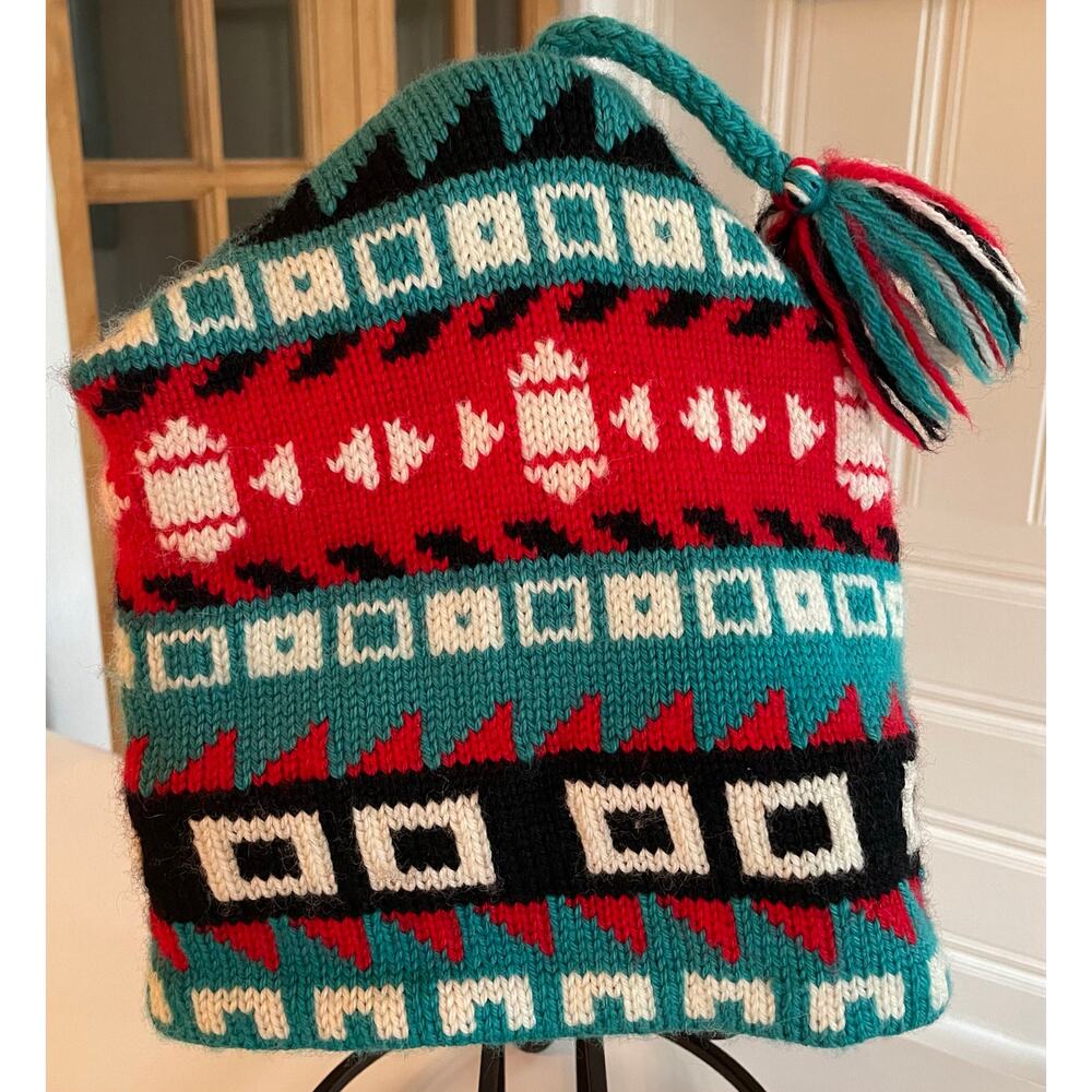 Vtg Murray Merkley Hand-Knit Virgin Wool Beanie Hat Tassel Top Canada